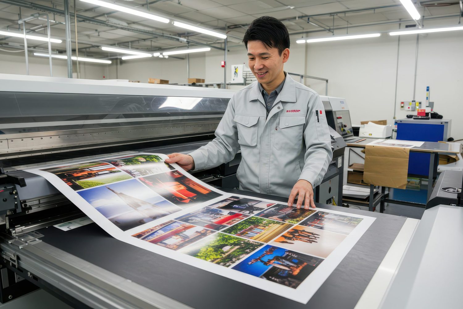 A print specialist works with a large format printing press to create vibrant images for commercial use.